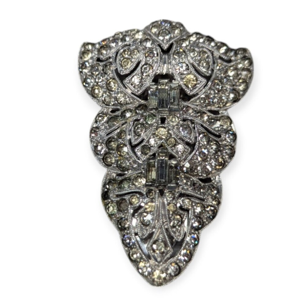 Vintage Silver Tone & Clear Rhinestone Art Deco Dress Clip 2.5"